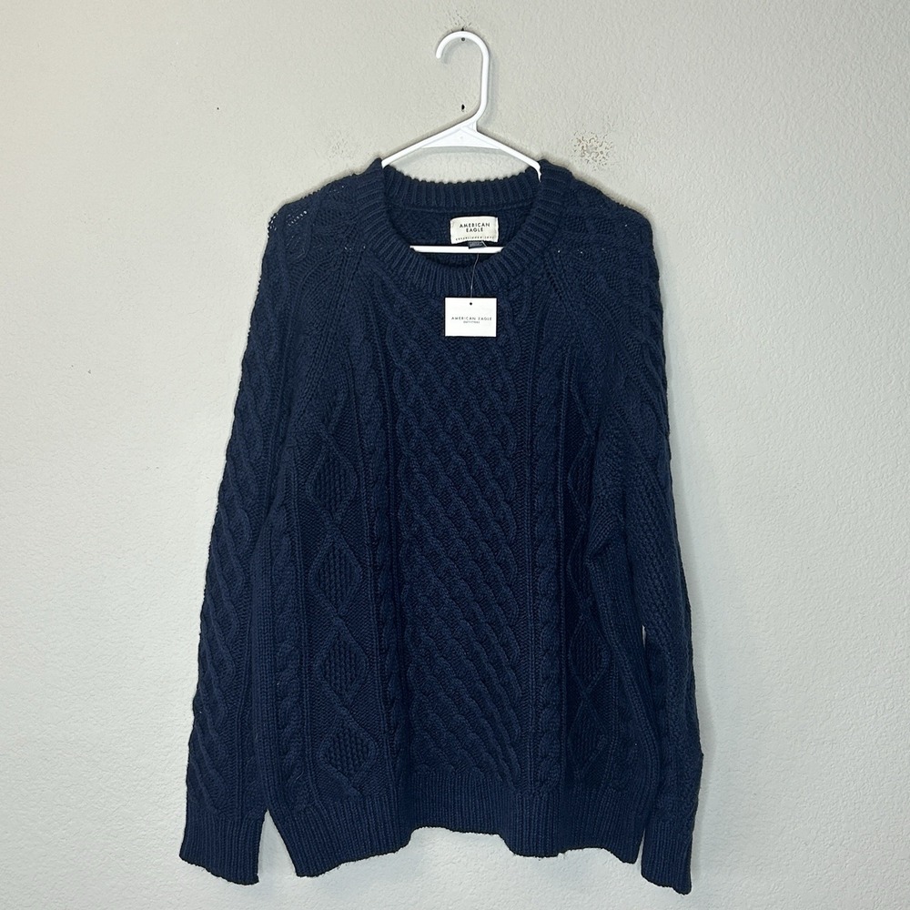 NWT American Eagle Men's Cable Knit Crew Neck Sweater Size XL Wool Blend Blue